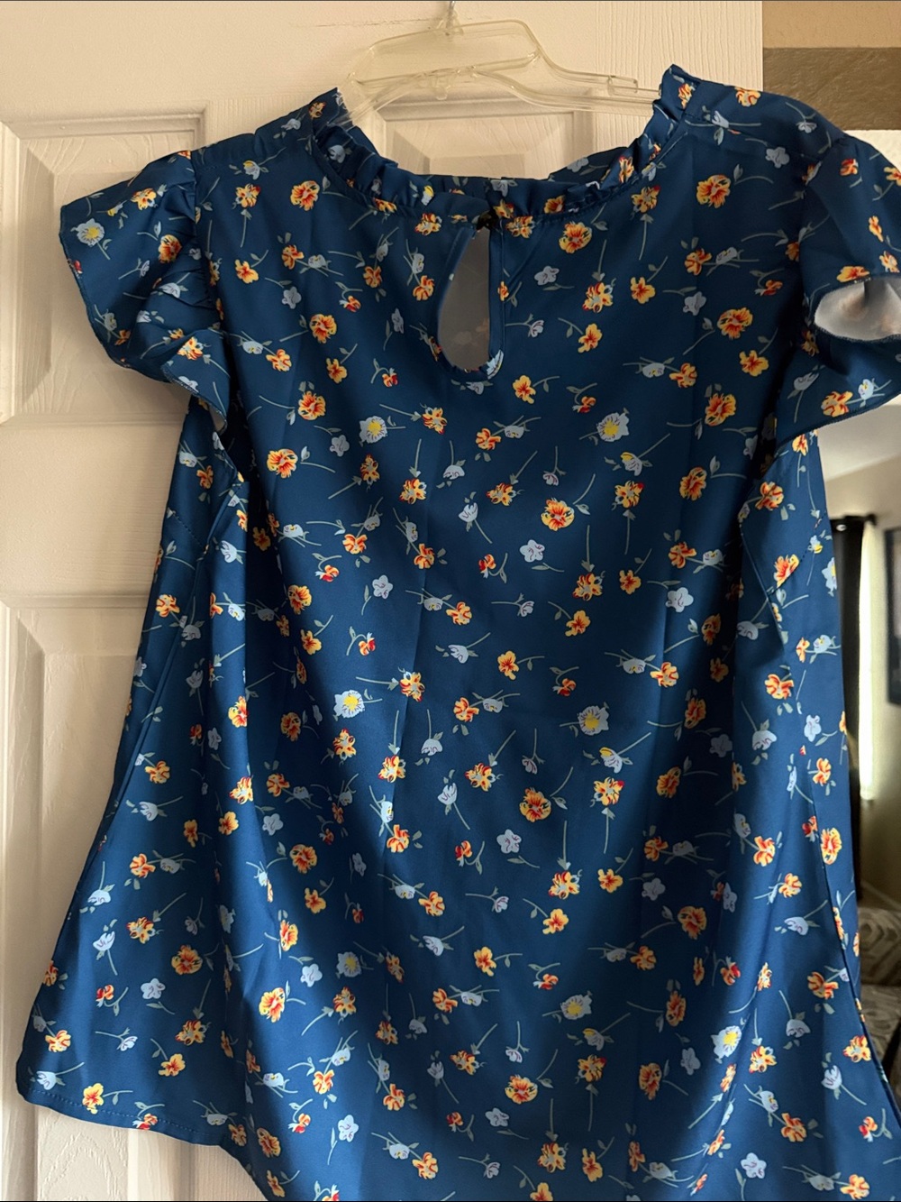 Ladies Blue Floral Ruffled Sleeve Blouse